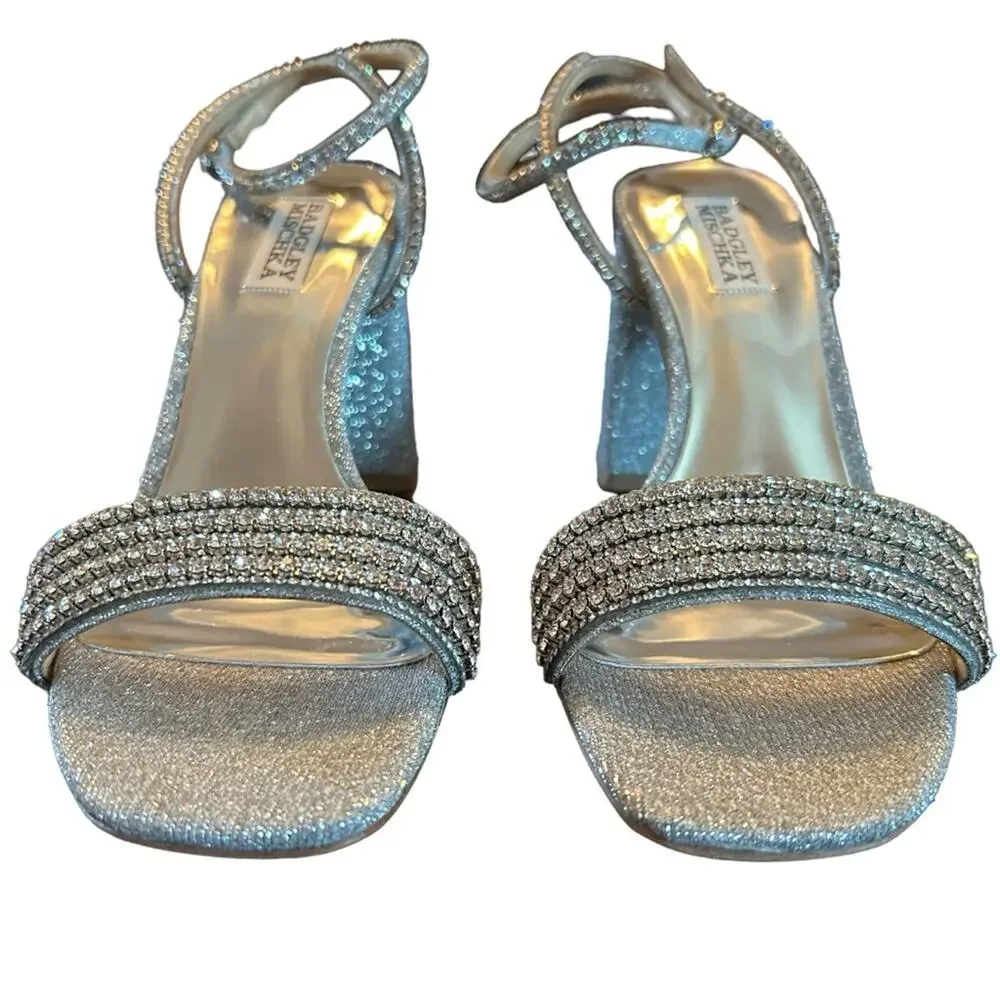 Badgley Mischka Becca Strappy Block Heels Silver Metallic Rhinestone NEW Size 7